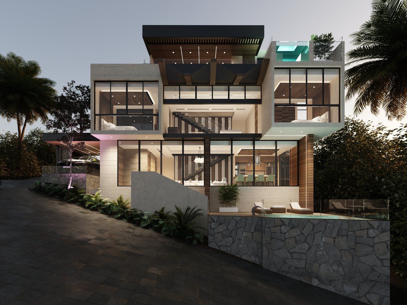 Villa contemporánea de tres niveles con terrazas y ventanales